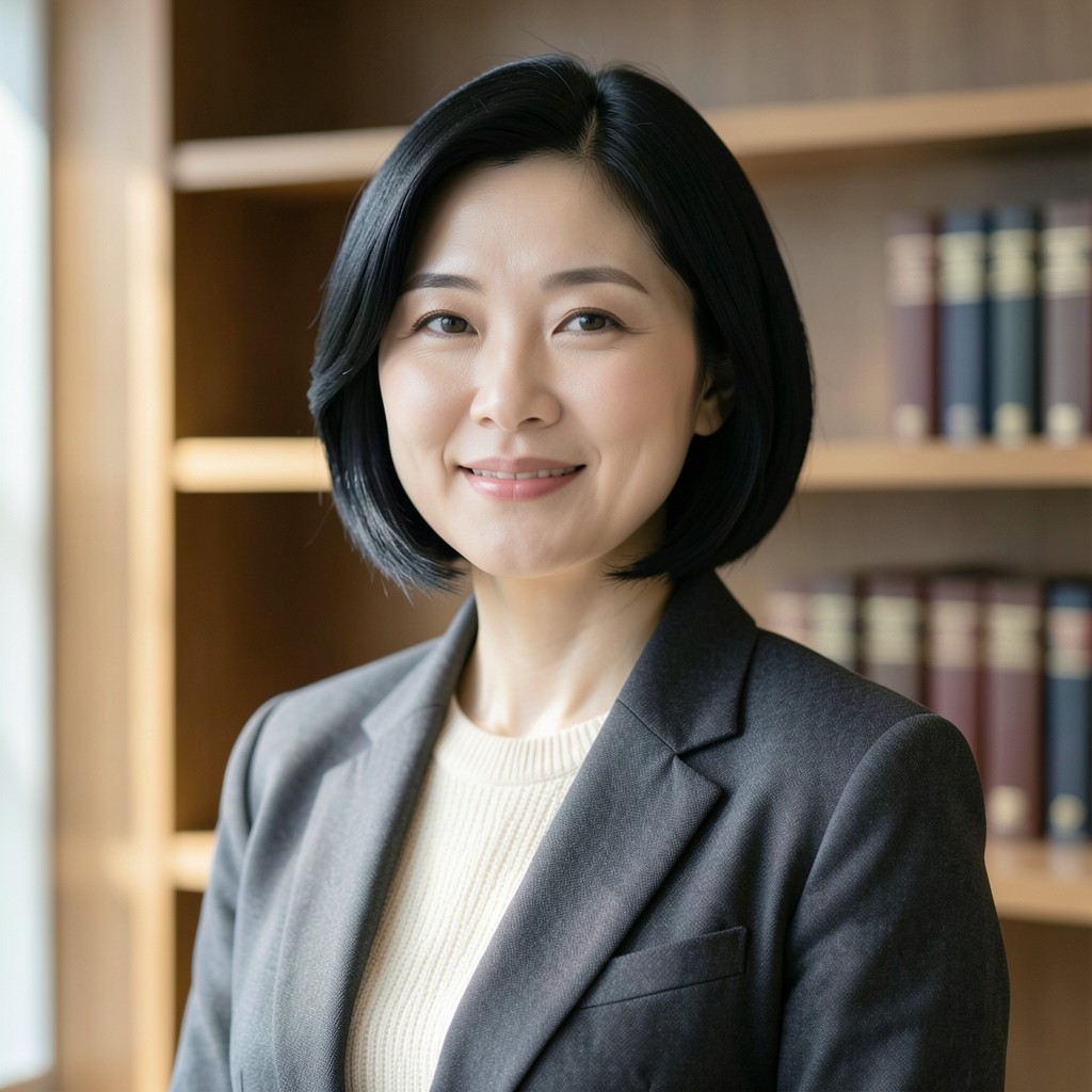 Portrait of Hana Seo beside wooden shelves in the reading room