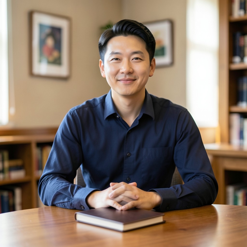 Portrait of Minjae Kwon seated at a library table