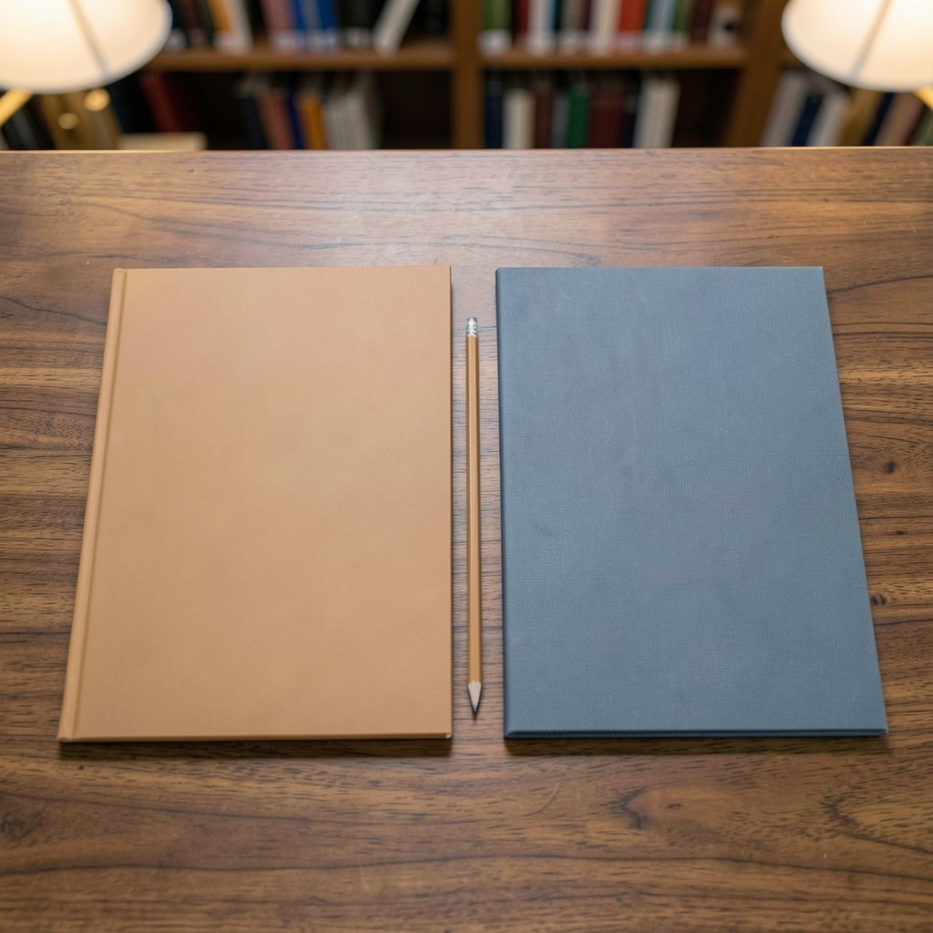 Two closed folders, one tan and one slate blue, on a library desk with a pencil between them