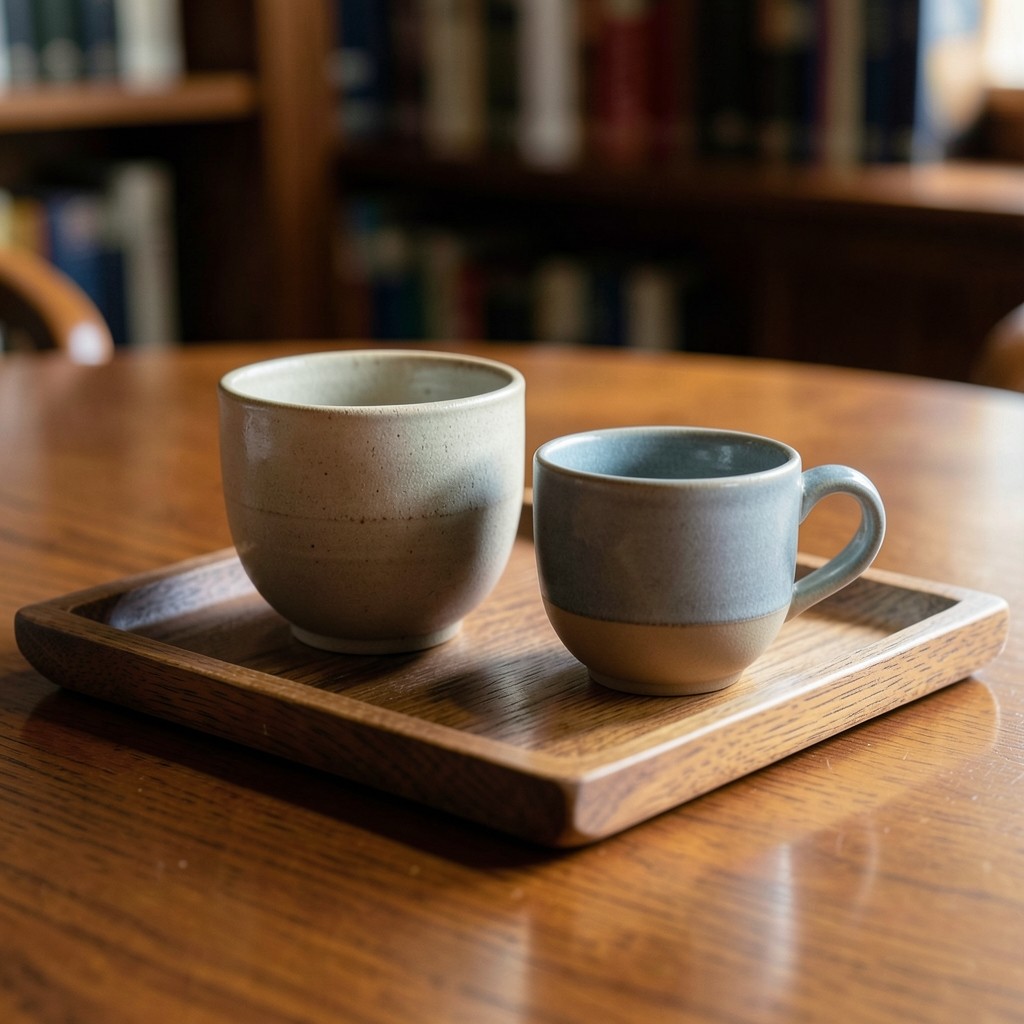 Two ceramic cups of different sizes on a shared tray in soft library light