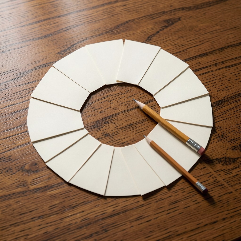 Blank index cards arranged in a circle on an oak library table