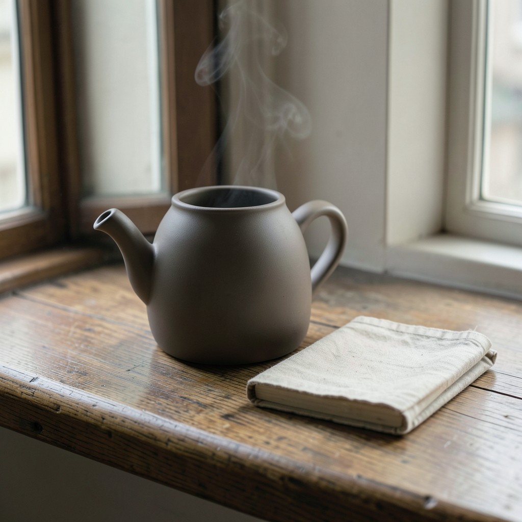 A kettle beginning to steam beside a closed notebook on a library windowsill
