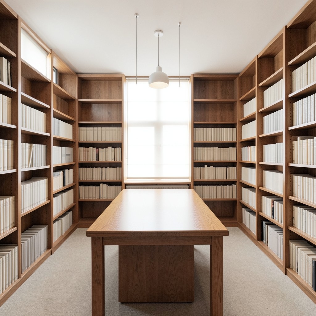 Wide view of the empty reading room with wooden shelves and a central table
