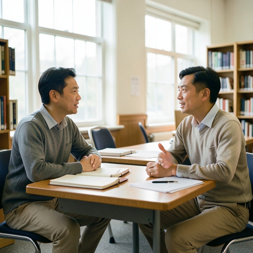 Two adults in conversation across a library desk with notebooks between them