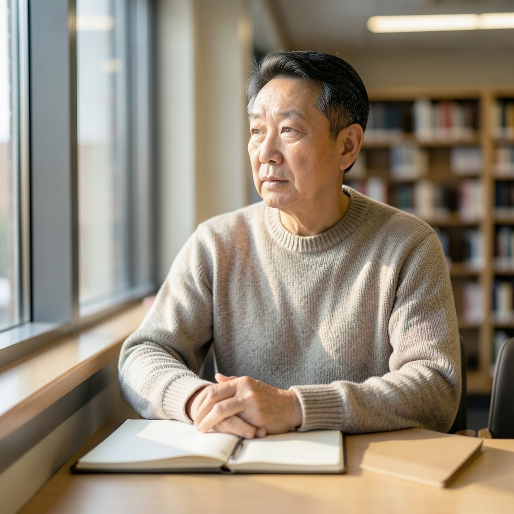 An adult reading alone at a sunlit library carrel with a closed notebook