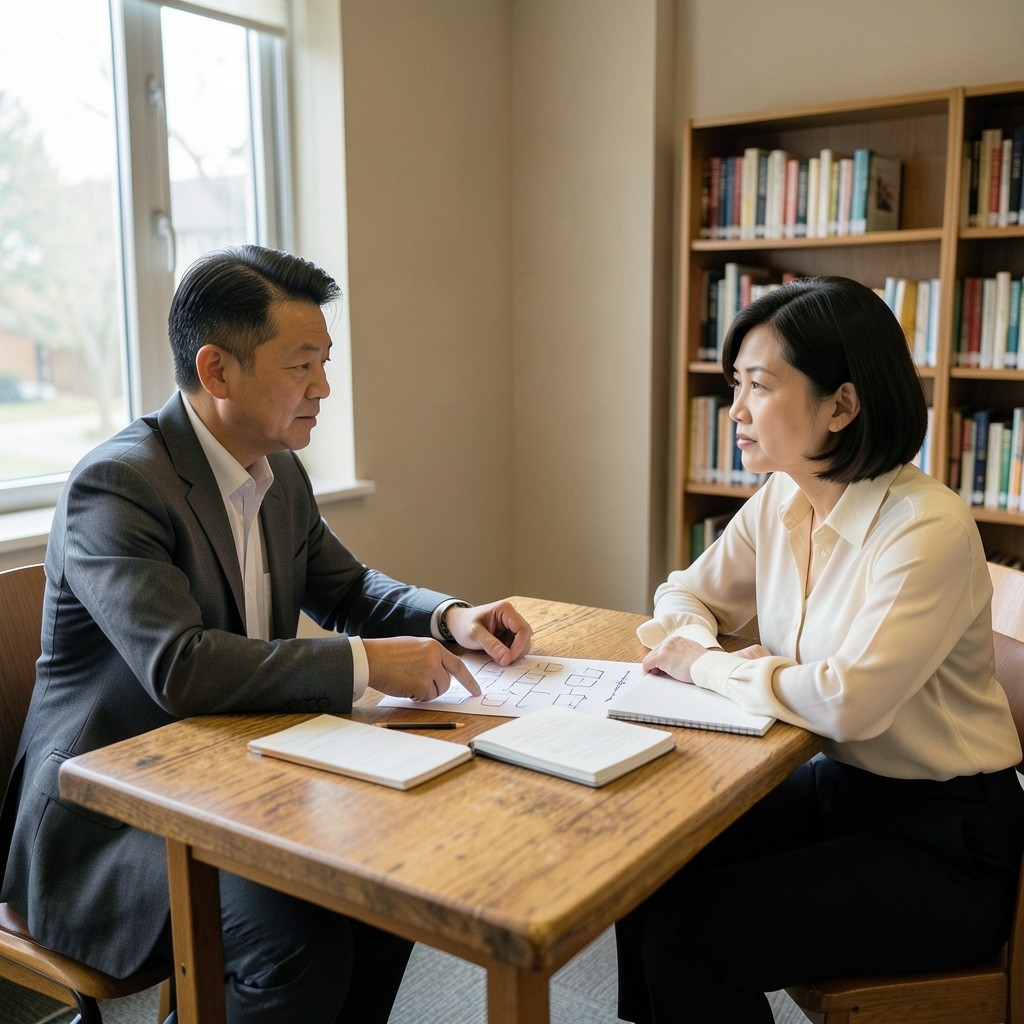 Two adults at an oak library desk studying printed worksheets together