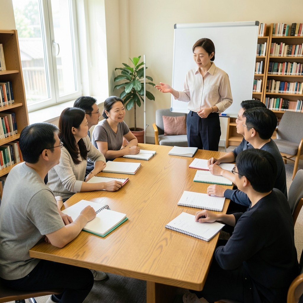 Adults seated around a library table during a small study circle